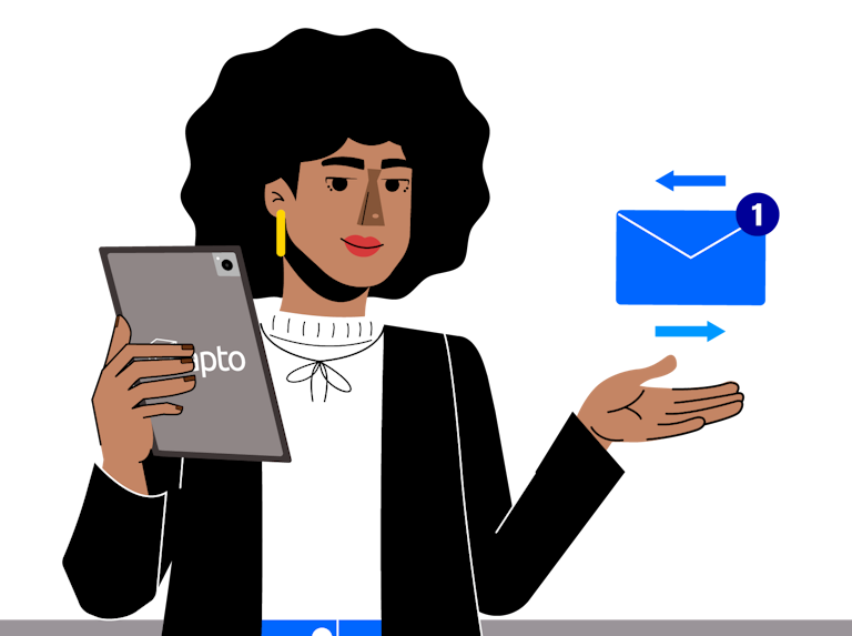 Ilustração de uma mulher enviando e-mails.