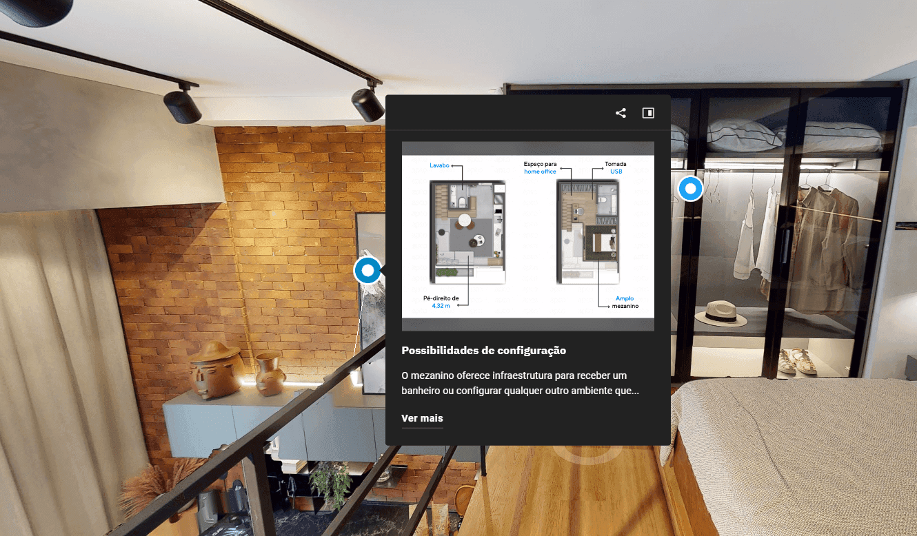 Apartamento decorado do Cardoso 432 com tags informativas que mostram os principais diferenciais das unidades