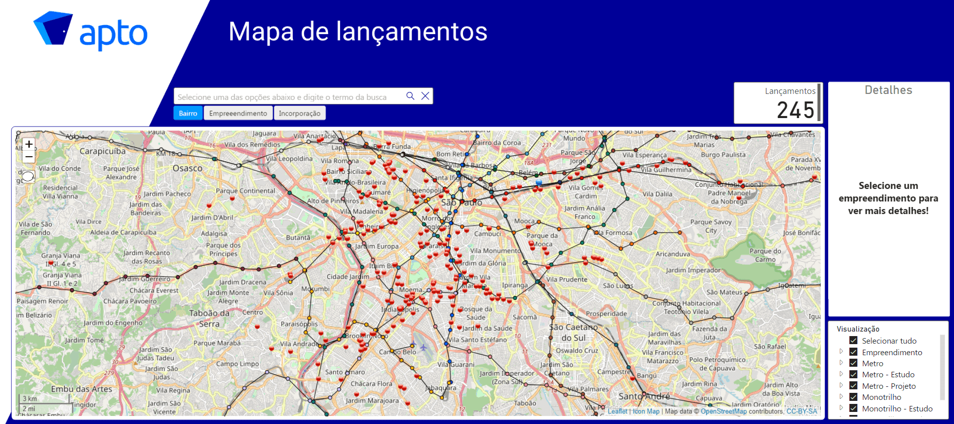 Mapa interativo onde é possível conferir os lançamentos de forma detalhada