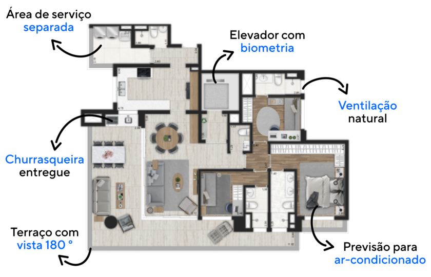 Apartamento amplo de 153 m² com terraço gourmet conectado à área social do Ibirapuera Park Houses. Fonte: Apto